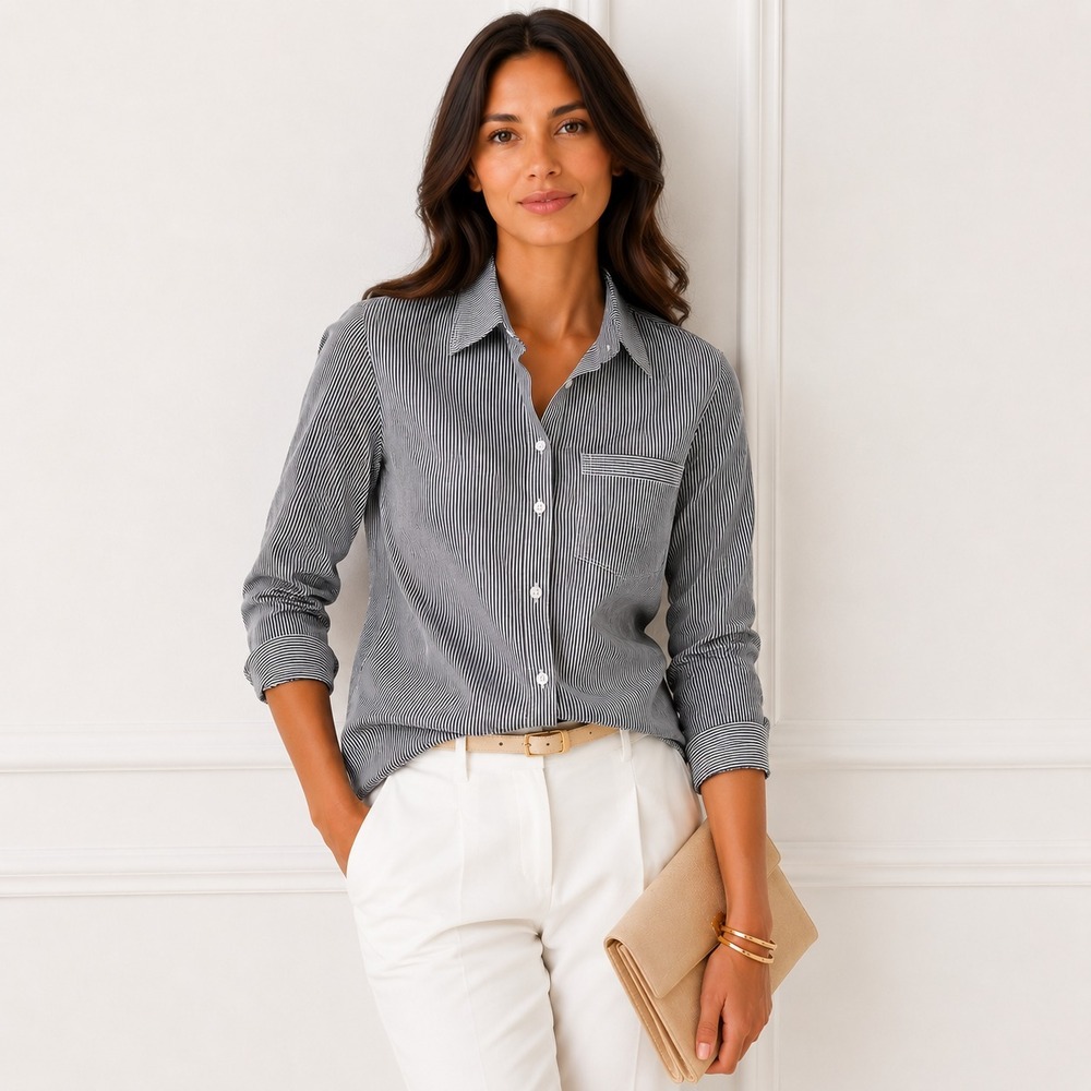 2/$30 J.Crew Shirt Women Sz 4 Blue Navy Striped Boy Fit Long Sleeve Office Work